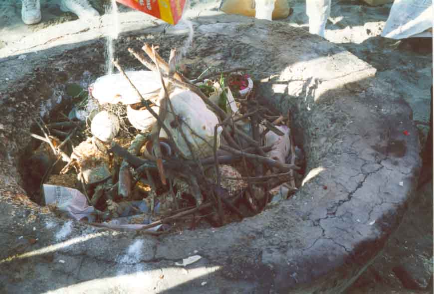 The pottery is carefully placed in the pit and wood chips and small branches are added